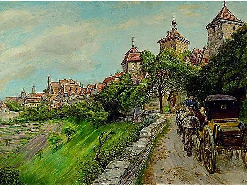 1859-August Kuhles - Arrivo della diligenza di fronte a una città medievale